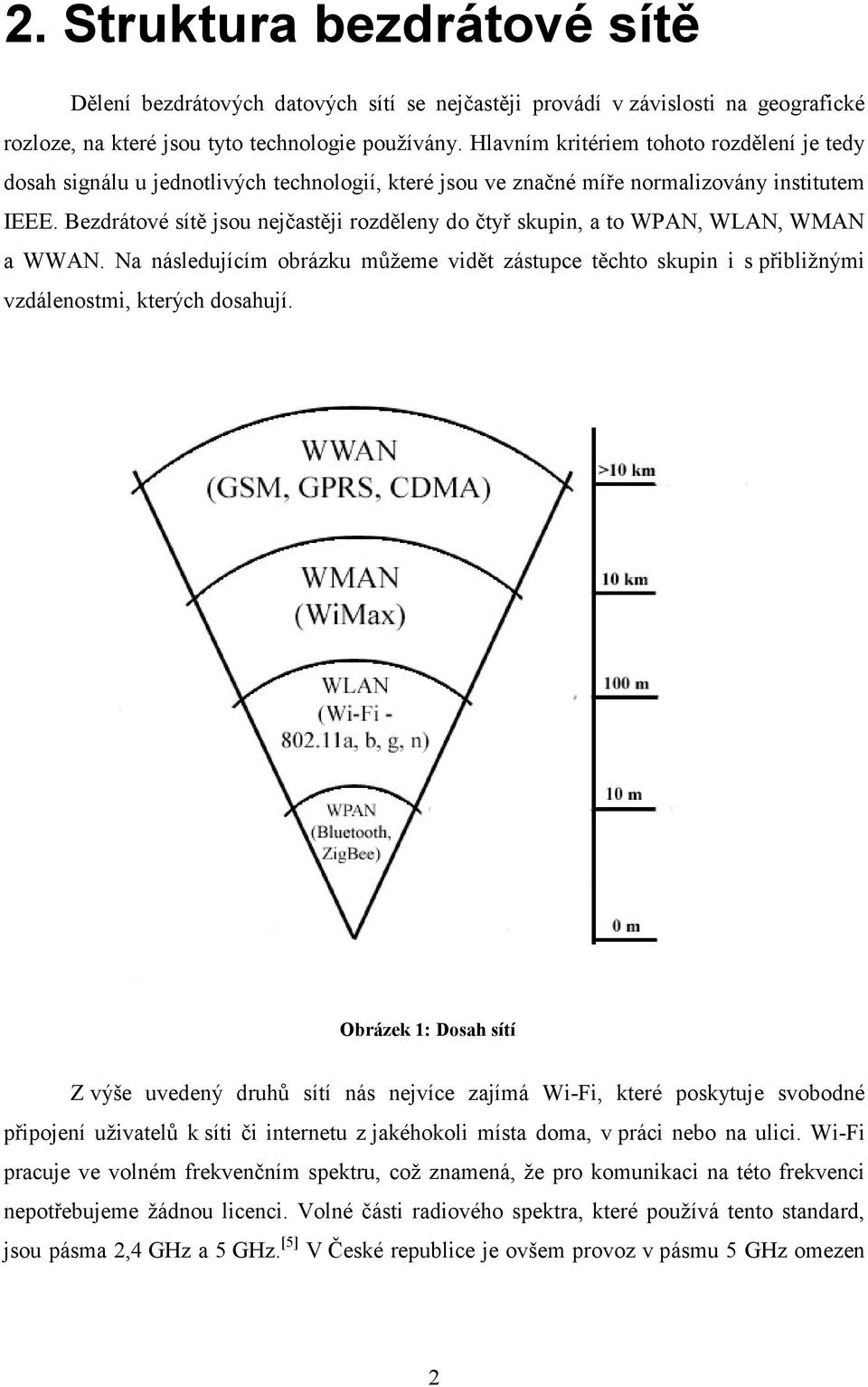 Bezdrátové sítě jsou nejčastěji rozděleny do čtyř skupin, a to WPAN, WLAN, WMAN a WWAN. Na následujícím obrázku můžeme vidět zástupce těchto skupin i s přibližnými vzdálenostmi, kterých dosahují.