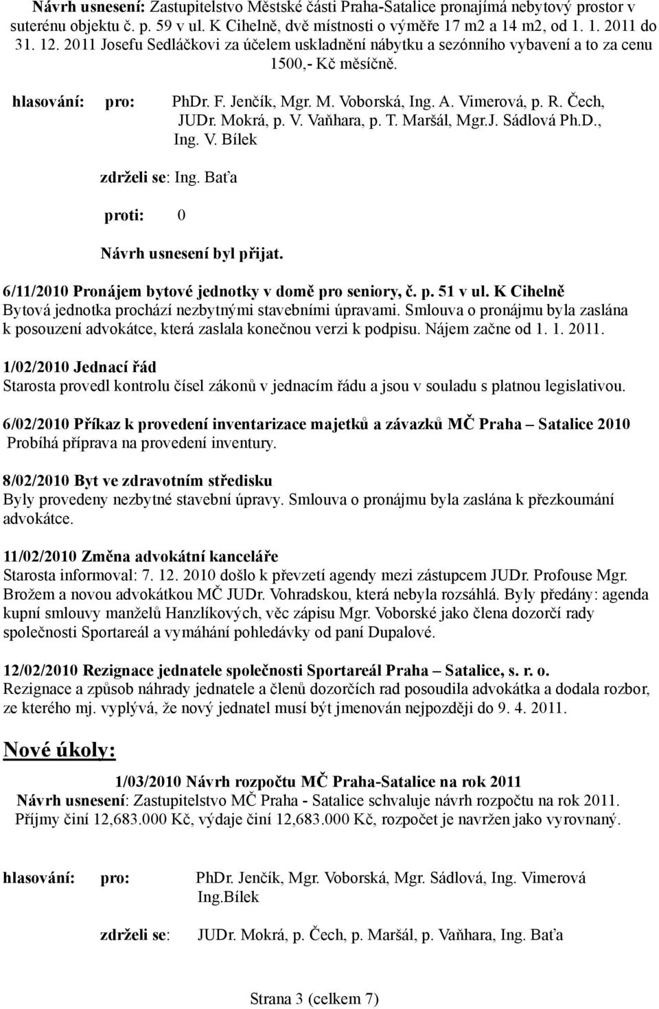 Mokrá, p. V. Vaňhara, p. T. Maršál, Mgr.J. Sádlová Ph.D., Ing. V. Bílek zdrželi se: Ing. Baťa 6/11/2010 Pronájem bytové jednotky v domě pro seniory, č. p. 51 v ul.