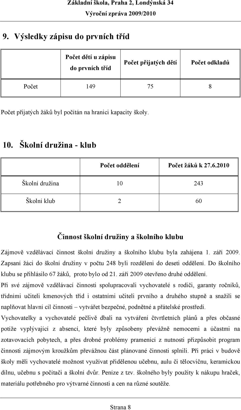 2010 Školní družina 10 243 Školní klub 2 60 Činnost školní družiny a školního klubu Zájmově vzdělávací činnost školní družiny a školního klubu byla zahájena 1. září 2009.