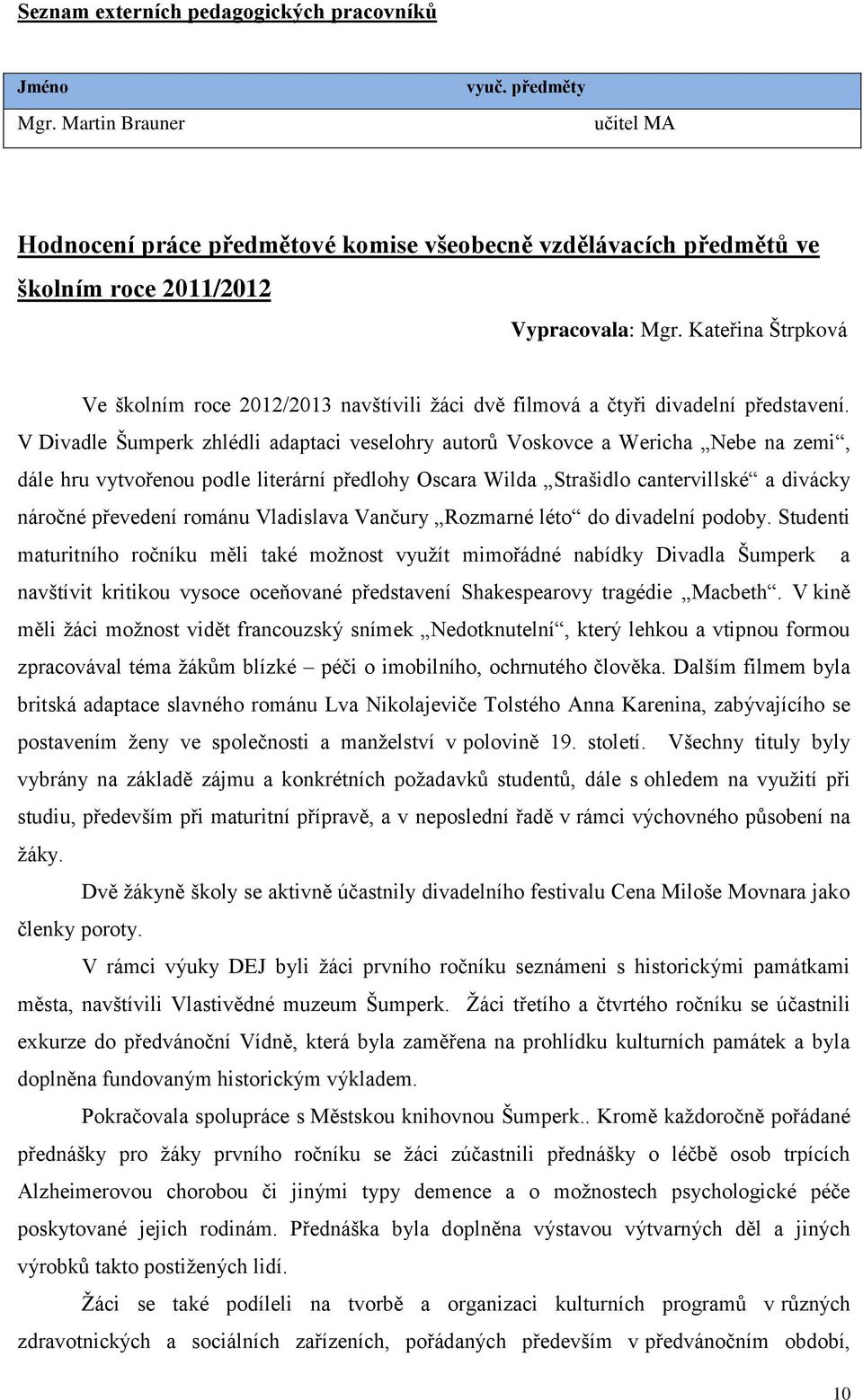 Kateřina Štrpková Ve školním roce 2012/2013 navštívili žáci dvě filmová a čtyři divadelní představení.