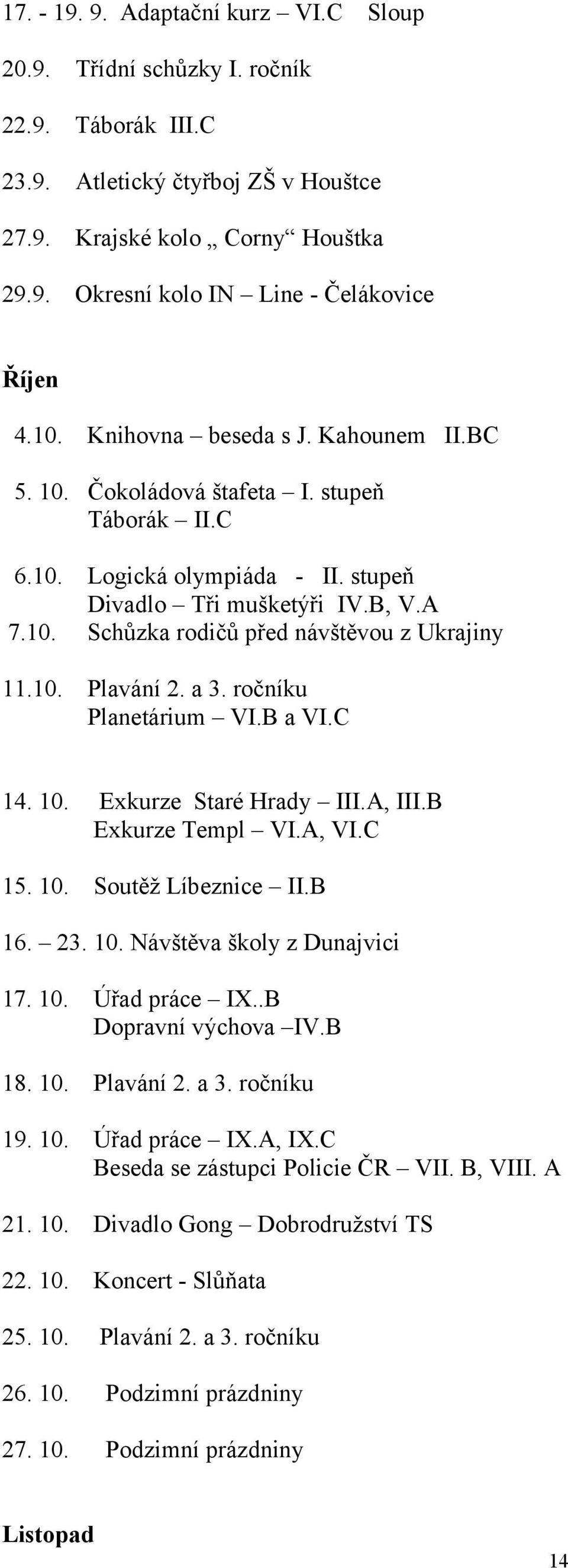 10. Plavání 2. a 3. ročníku Planetárium VI.B a VI.C 14. 10. Exkurze Staré Hrady III.A, III.B Exkurze Templ VI.A, VI.C 15. 10. Soutěž Líbeznice II.B 16. 23. 10. Návštěva školy z Dunajvici 17. 10. Úřad práce IX.