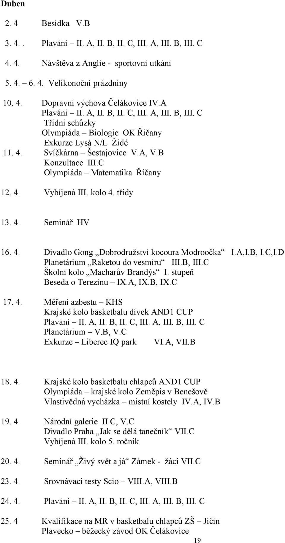 C Olympiáda Matematika Říčany 12. 4. Vybíjená III. kolo 4. třídy 13. 4. Seminář HV 16. 4. Divadlo Gong Dobrodružství kocoura Modroočka I.A,I.B, I.C,I.D Planetárium Raketou do vesmíru III.B, III.