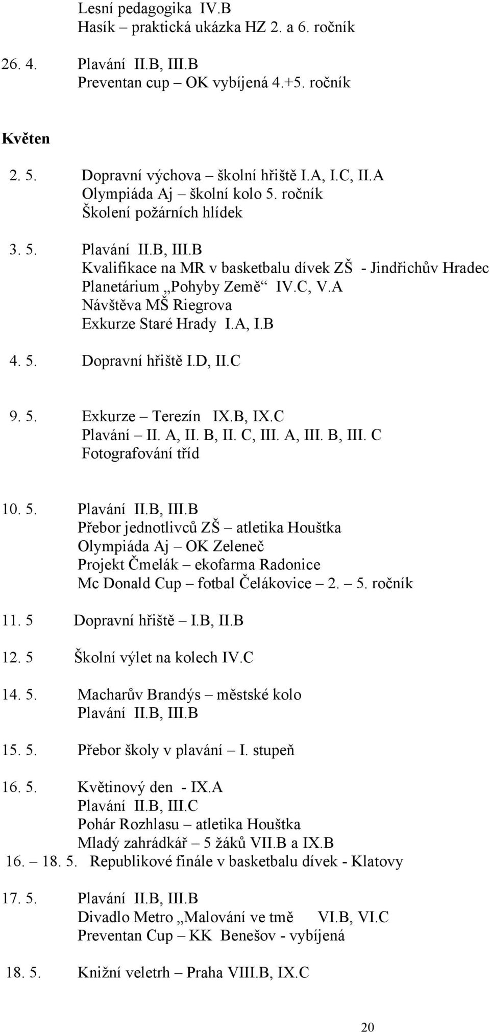 A Návštěva MŠ Riegrova Exkurze Staré Hrady I.A, I.B 4. 5. Dopravní hřiště I.D, II.C 9. 5. Exkurze Terezín IX.B, IX.C Plavání II. A, II. B, II. C, III. A, III. B, III.