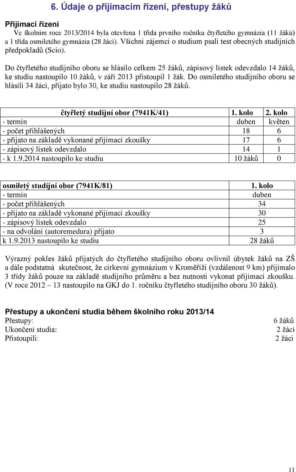 Do čtyřletého studijního oboru se hlásilo celkem 25 žáků, zápisový lístek odevzdalo 14 žáků, ke studiu nastoupilo 10 žáků, v září 2013 přistoupil 1 žák.