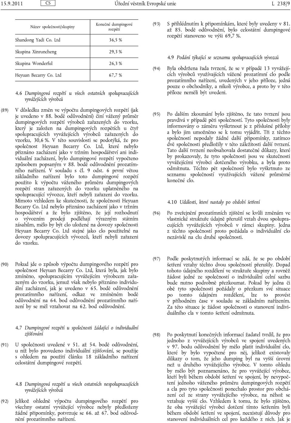 bodě odůvodnění) činí vážený průměr dumpingových rozpětí výrobců zařazených do vzorku, který je založen na dumpingových rozpětích u čtyř spolupracujících vyvážejících výrobců zařazených do vzorku,