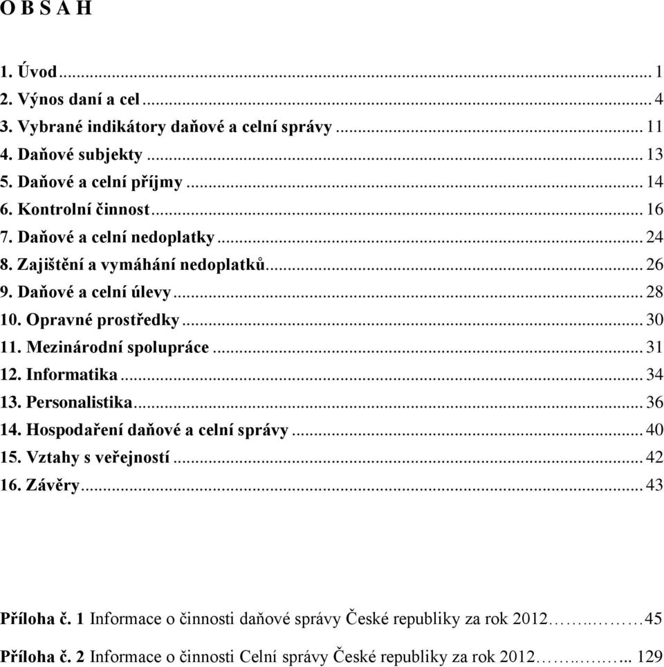 Mezinárodní spolupráce... 31 12. Informatika... 34 13. Personalistika... 36 14. Hospodaření daňové a celní správy... 40 15. Vztahy s veřejností... 42 16. Závěry.