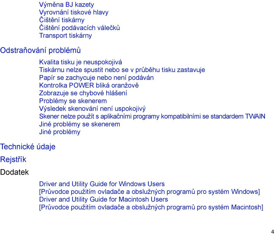 skenerem Výsledek skenování není uspokojivý Skener nelze použít s aplikačními programy kompatibilními se standardem TWAIN Jiné problémy se skenerem Jiné problémy Driver and Utility Guide