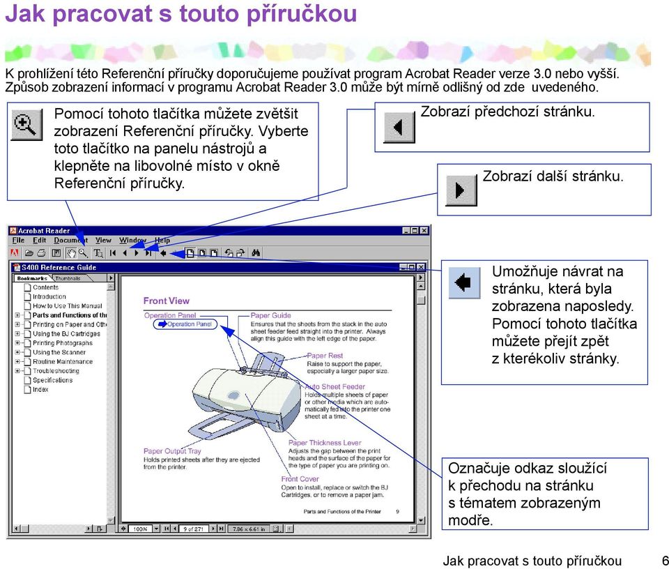 Vyberte toto tlačítko na panelu nástrojů a klepněte na libovolné místo v okně Referenční příručky. Zobrazí předchozí stránku. Zobrazí další stránku.