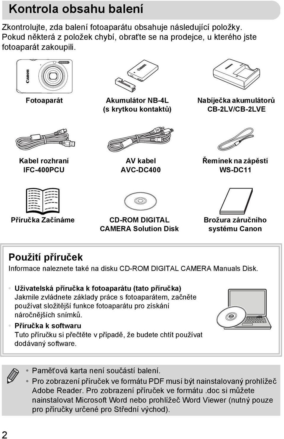 Solution Disk Brožura záručního systému Canon Použití příruček Informace naleznete také na disku CD-ROM DIGITAL CAMERA Manuals Disk.