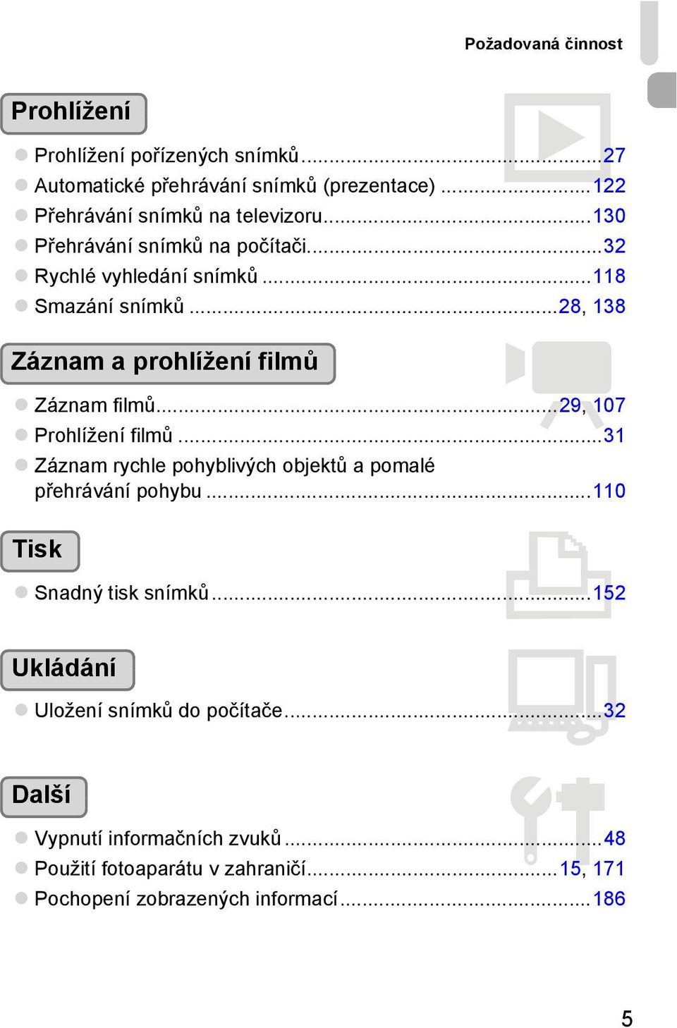 ..29, 107 Prohlížení filmů...31 Záznam rychle pohyblivých objektů a pomalé přehrávání pohybu...110 Tisk 2 Snadný tisk snímků.