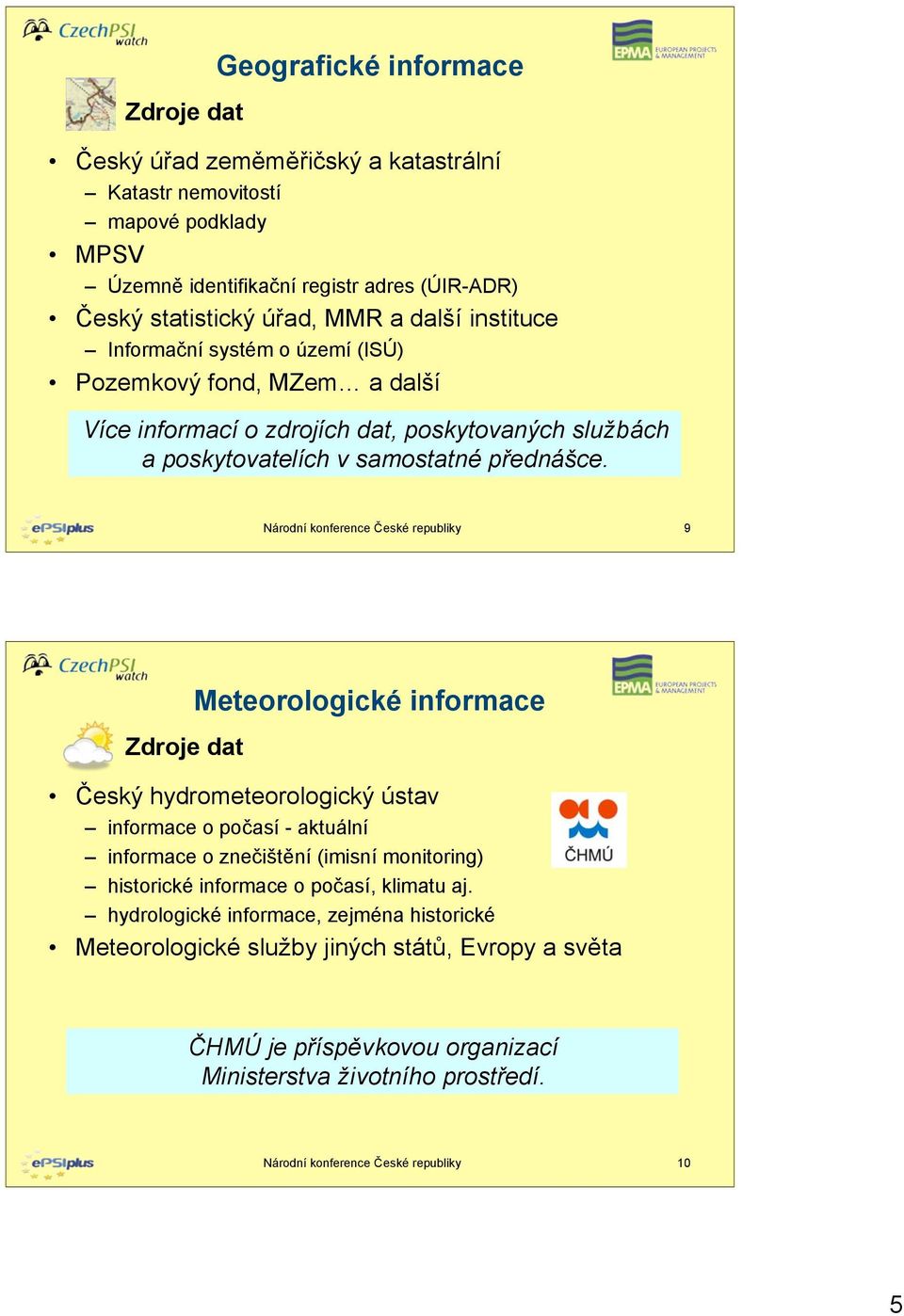 Národní konference České republiky 9 Zdroje dat Meteorologické informace Český hydrometeorologický ústav informace o počasí - aktuální informace o znečištění (imisní monitoring) historické