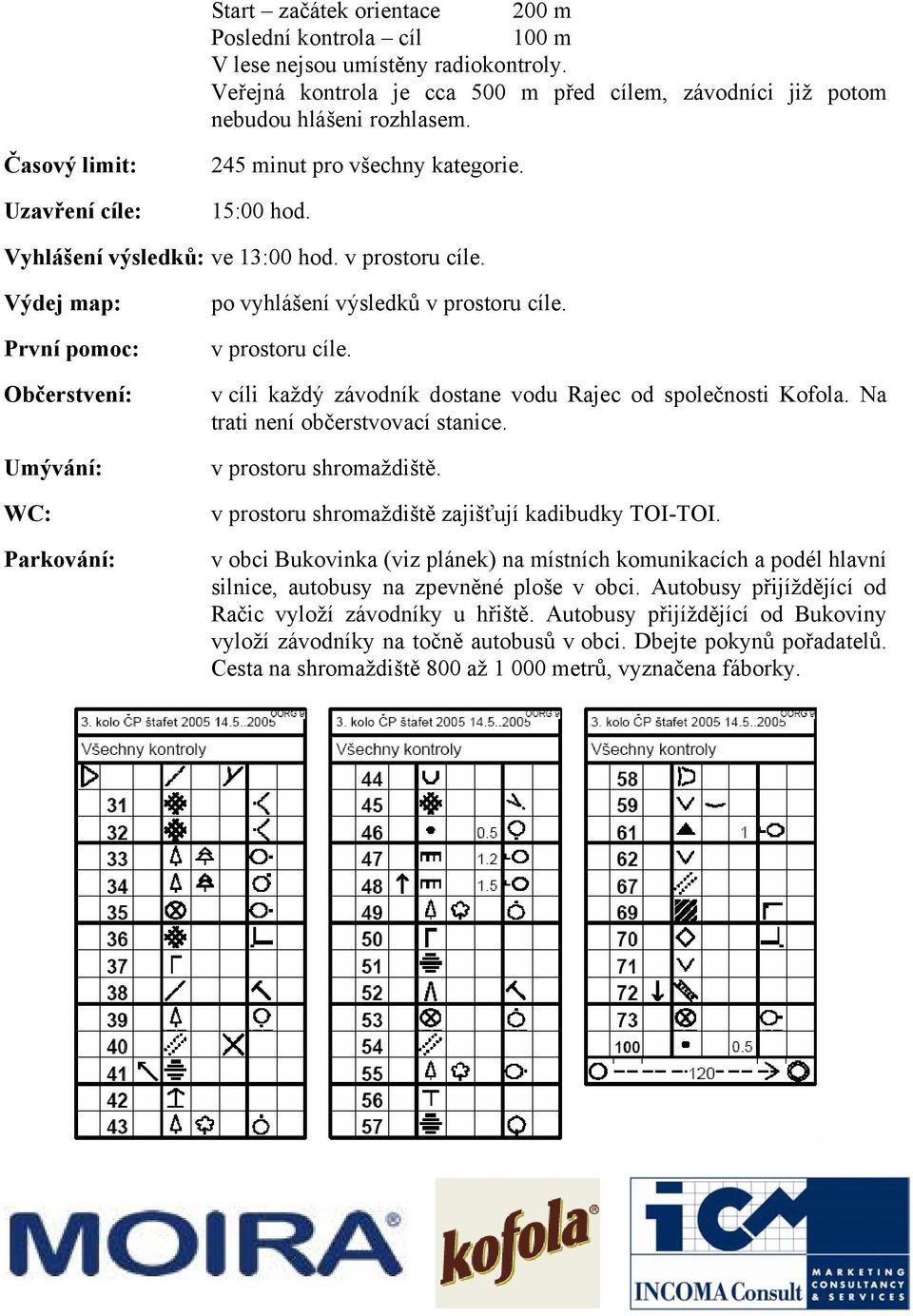 Výdej map: První pomoc: Občerstvení: Umývání: WC: Parkování: po vyhlášení výsledků v prostoru cíle. v prostoru cíle. v cíli každý závodník dostane vodu Rajec od společnosti Kofola.