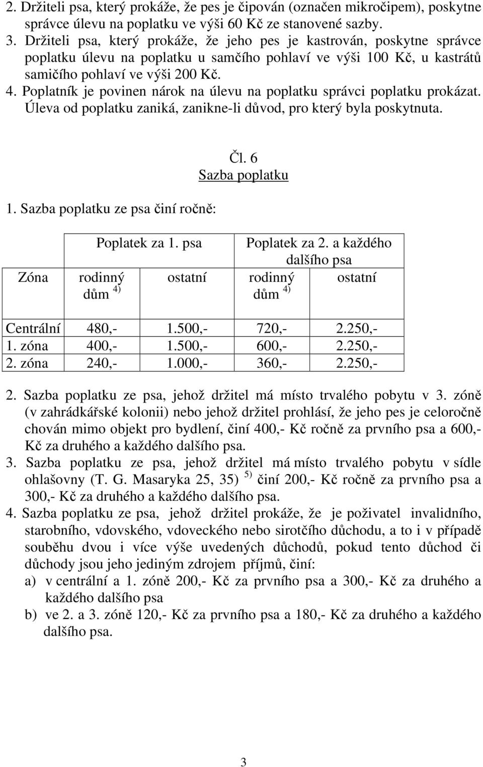 Poplatník je povinen nárok na úlevu na poplatku správci poplatku prokázat. Úleva od poplatku zaniká, zanikne-li důvod, pro který byla poskytnuta. 1. Sazba poplatku ze psa činí ročně: Čl.