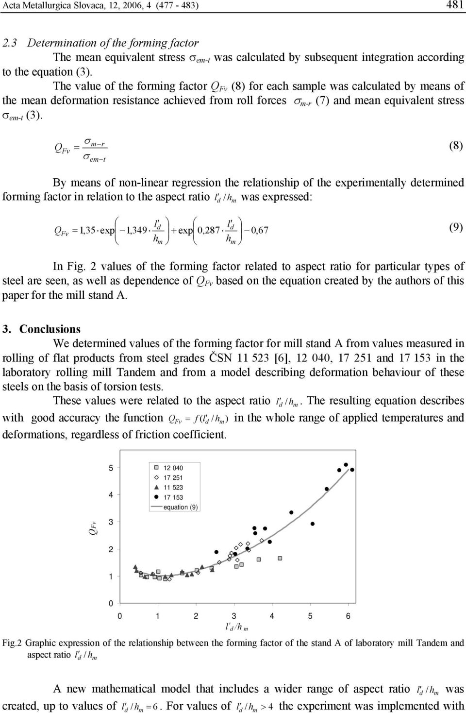 Q Fv = σ σ r e t (8) By eans of non-linear regression the relationship of the experientally eterine foring factor in relation to the aspect ratio l / h was expresse: l,35 exp l,349 exp Q = +,87,67