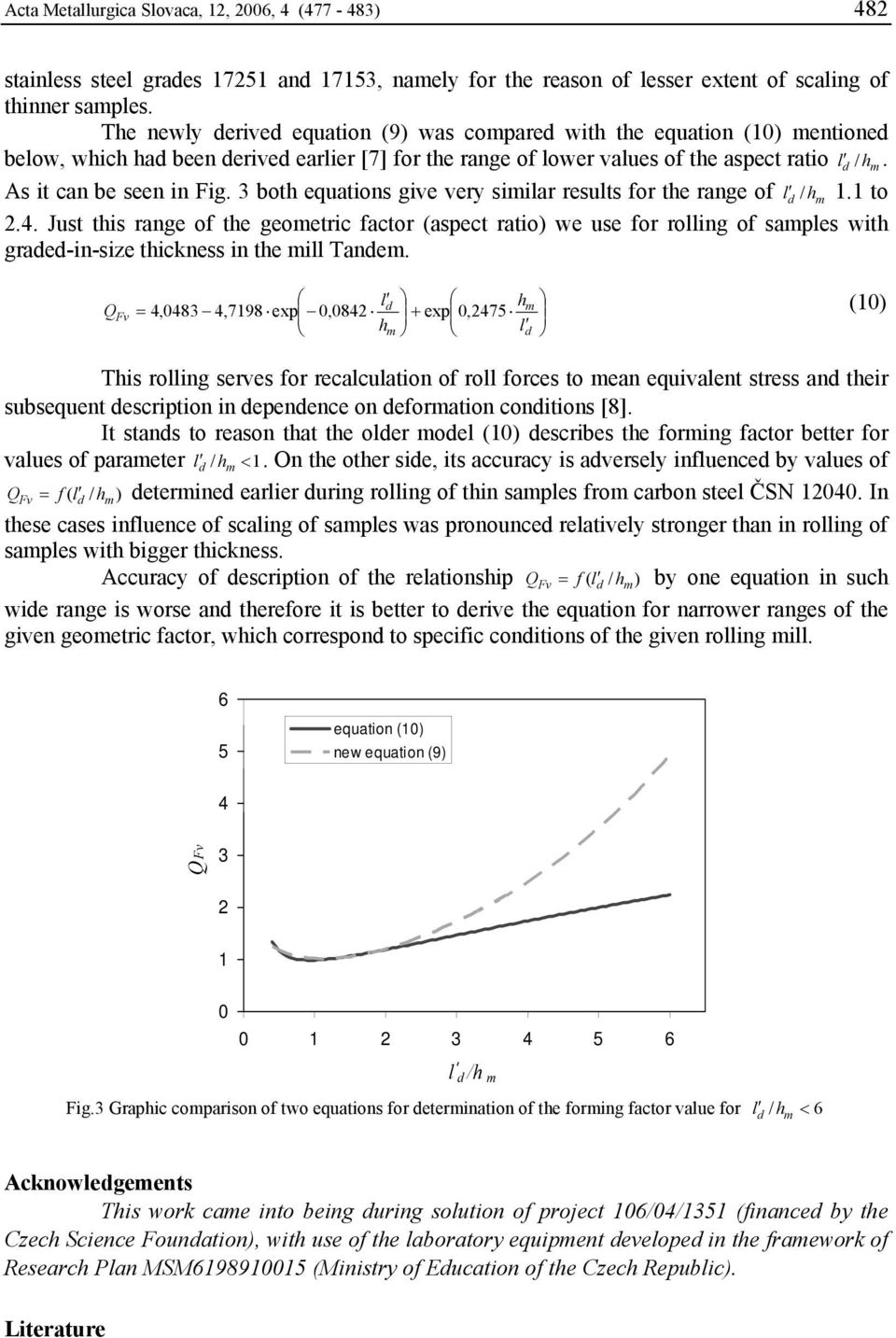 3 both equations give very siilar results for the range of l / h. to.4. Just this range of the geoetric factor (aspect ratio) we use for rolling of saples with grae-in-size thickness in the ill Tane.