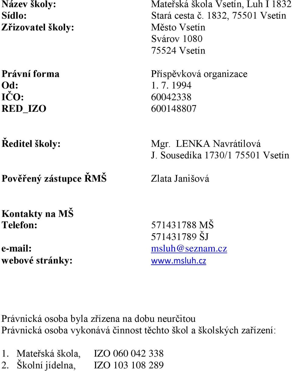 LENKA Navrátilová J. Sousedíka 1730/1 75501 Vsetín Zlata Janišová Kontakty na MŠ Telefon: e-mail: webové stránky: 571431788 MŠ 571431789 ŠJ msluh@seznam.