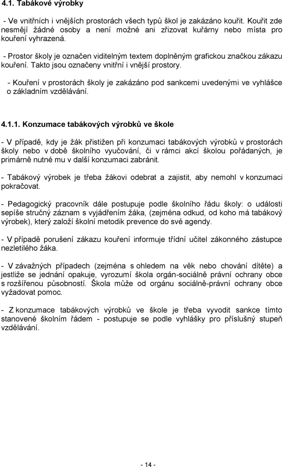 - Kouření v prostorách školy je zakázáno pod sankcemi uvedenými ve vyhlášce o základním vzdělávání. 4.1.