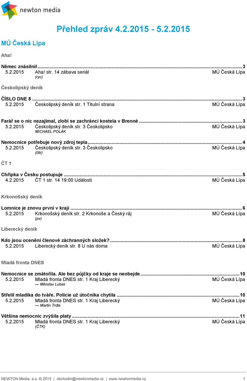 3 Českolipsko MÚ Česká Lípa MICHAEL POLÁK Nemocnice potřebuje nový zdroj tepla... 4 5.2.2015 Českolipský deník str. 3 Českolipsko MÚ Česká Lípa (čtk) ČT 1 Chřipka v Česku postupuje... 5 4.2.2015 ČT 1 str.