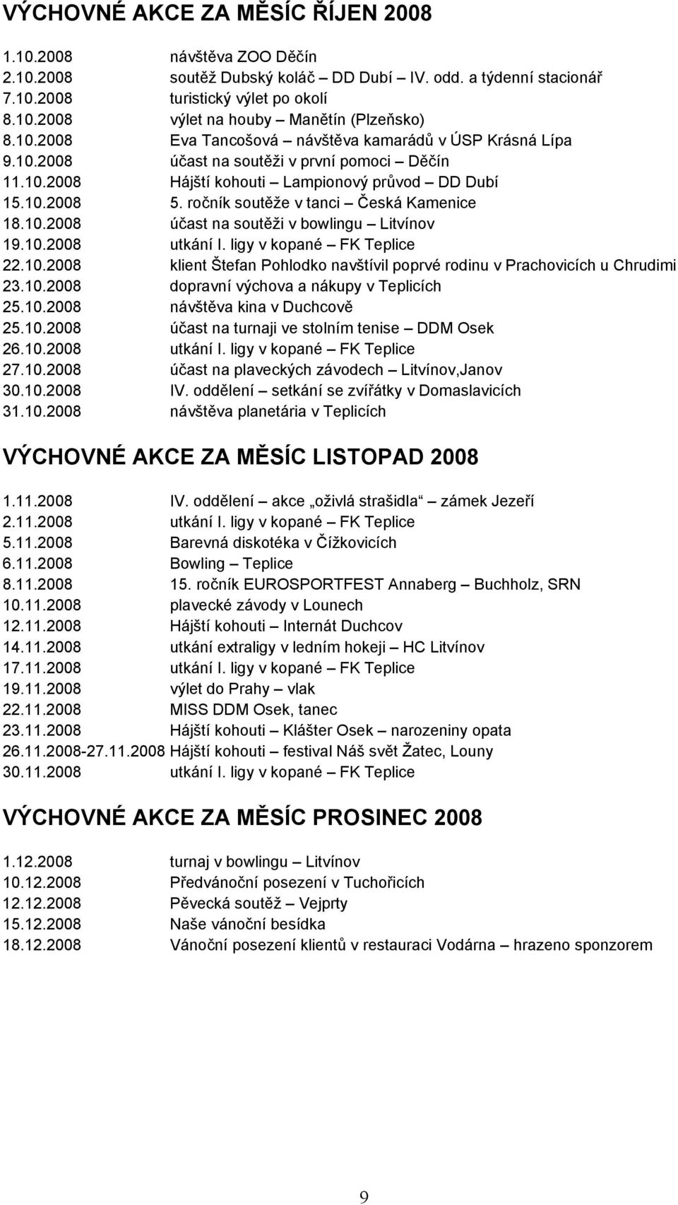 ročník soutěže v tanci Česká Kamenice 18.10.2008 účast na soutěži v bowlingu Litvínov 19.10.2008 utkání I. ligy v kopané FK Teplice 22.10.2008 klient Štefan Pohlodko navštívil poprvé rodinu v Prachovicích u Chrudimi 23.