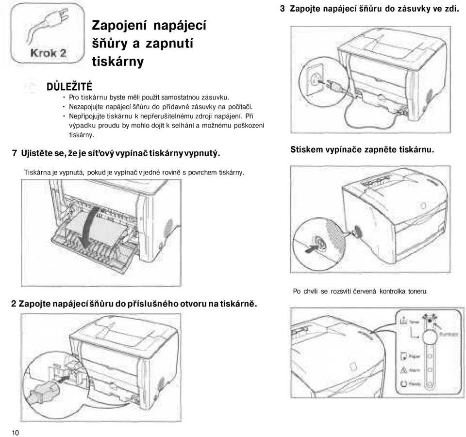 Při výpadku proudu by mohlo dojít k selhání a možnému poškození tiskárny. 7 Ujistěte se, že je síťový vypínač tiskárny vypnutý.