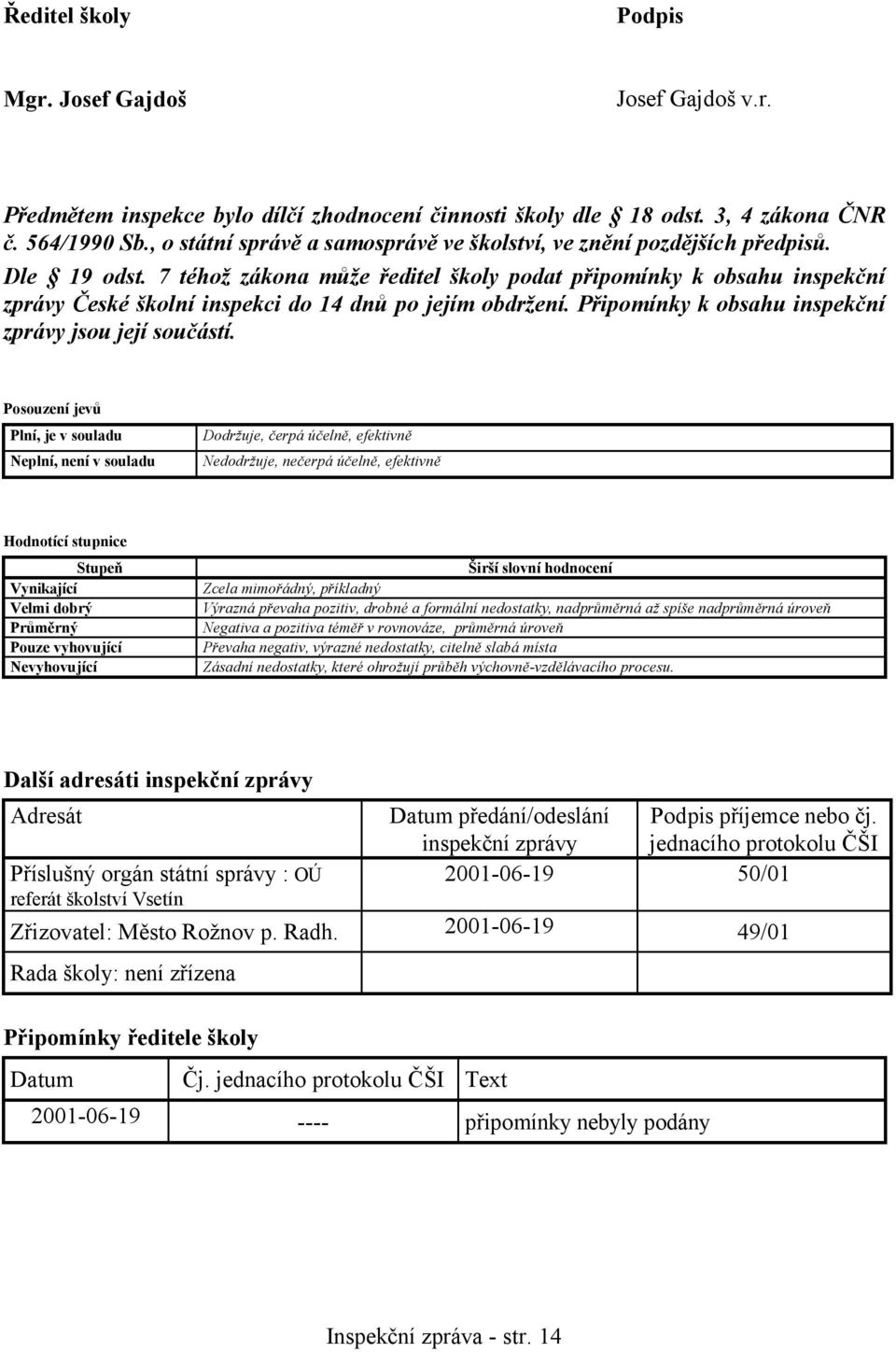 7 téhož zákona může ředitel školy podat připomínky k obsahu inspekční zprávy České školní inspekci do 14 dnů po jejím obdržení. Připomínky k obsahu inspekční zprávy jsou její součástí.