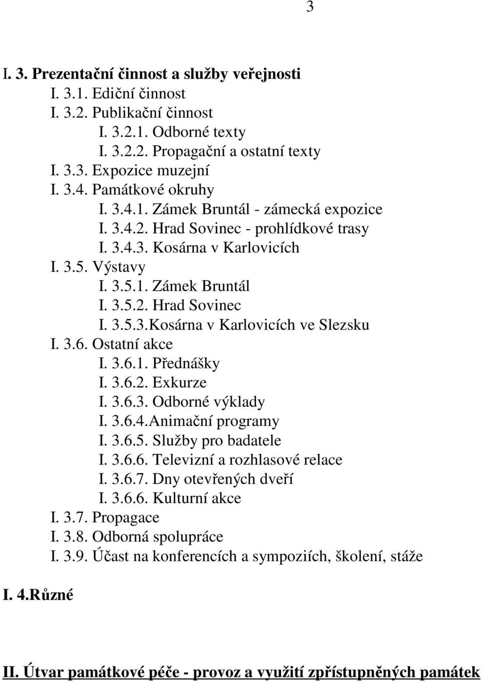 3.5.3.Kosárna v Karlovicích ve Slezsku I. 3.6. Ostatní akce I. 3.6.1. Přednášky I. 3.6.2. Exkurze I. 3.6.3. Odborné výklady I. 3.6.4.Animační programy I. 3.6.5. Služby pro badatele I. 3.6.6. Televizní a rozhlasové relace I.