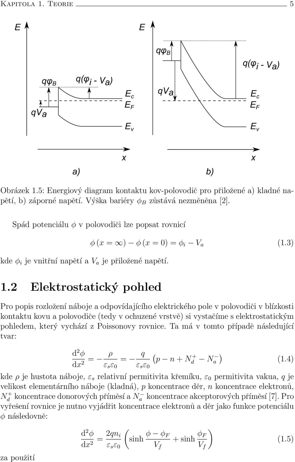 Spád potenciálu φ v polovodiči lze popsat rovnicí kde φ i je vnitřní napětí a V a je přiložené napětí. φ (x = ) φ (x = 0) = φ i V a (1.3) 1.