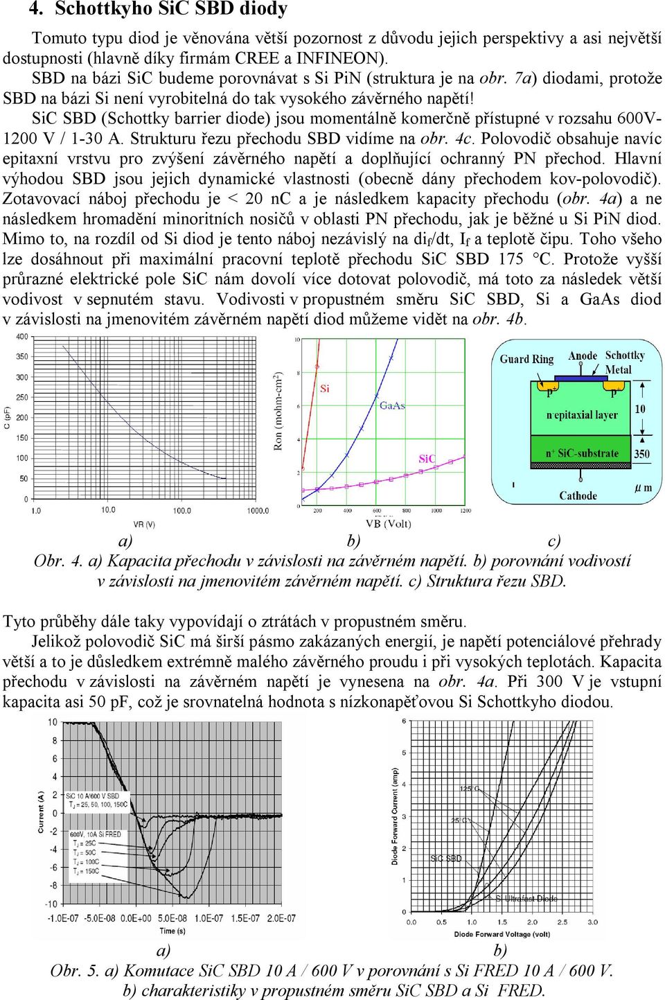 SiC SBD (Schottky barrier diode) jsou momentálně komerčně přístupné v rozsahu 600V- 1200 V / 1-30 A. Strukturu řezu přechodu SBD vidíme na obr. 4c.