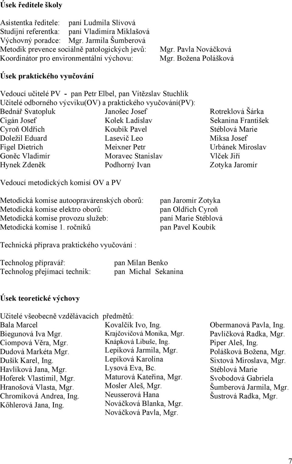 Božena Polášková Úsek praktického vyučování Vedoucí učitelé PV - pan Petr Elbel, pan Vítězslav Stuchlík Učitelé odborného výcviku(ov) a praktického vyučování(pv): Bednář Svatopluk Janošec Josef Cigán