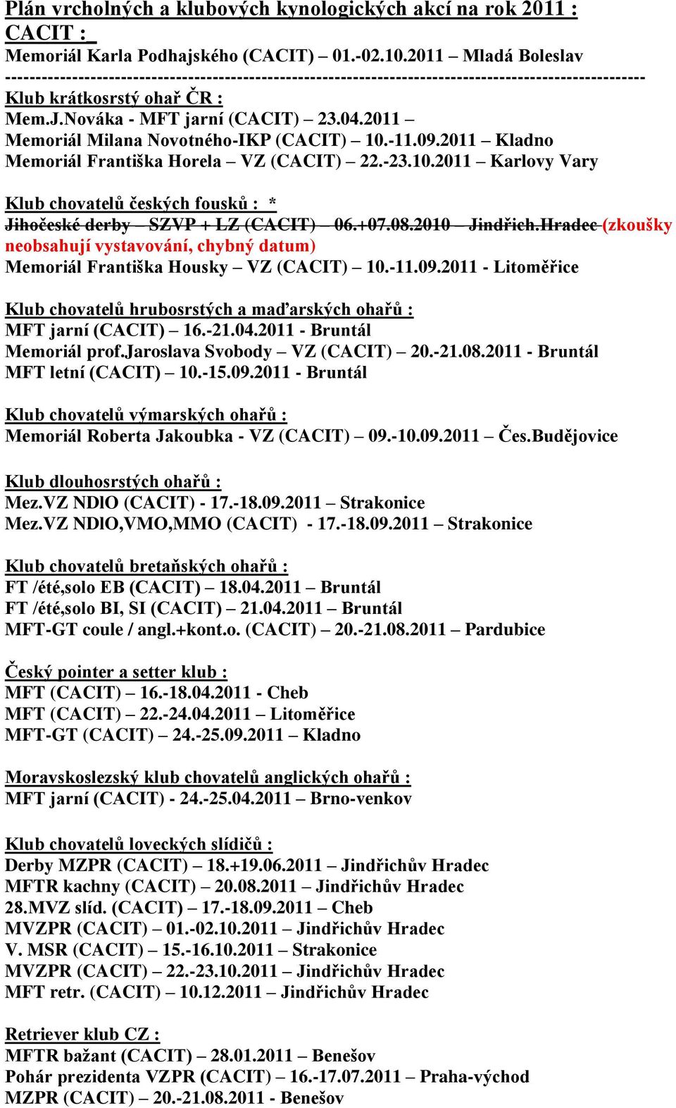 2011 Memoriál Milana Novotného-IKP (CACIT) 10.-11.09.2011 Kladno Memoriál Františka Horela VZ (CACIT) 22.-23.10.2011 Karlovy Vary Klub chovatelů českých fousků : * Jihočeské derby SZVP + LZ (CACIT) 06.