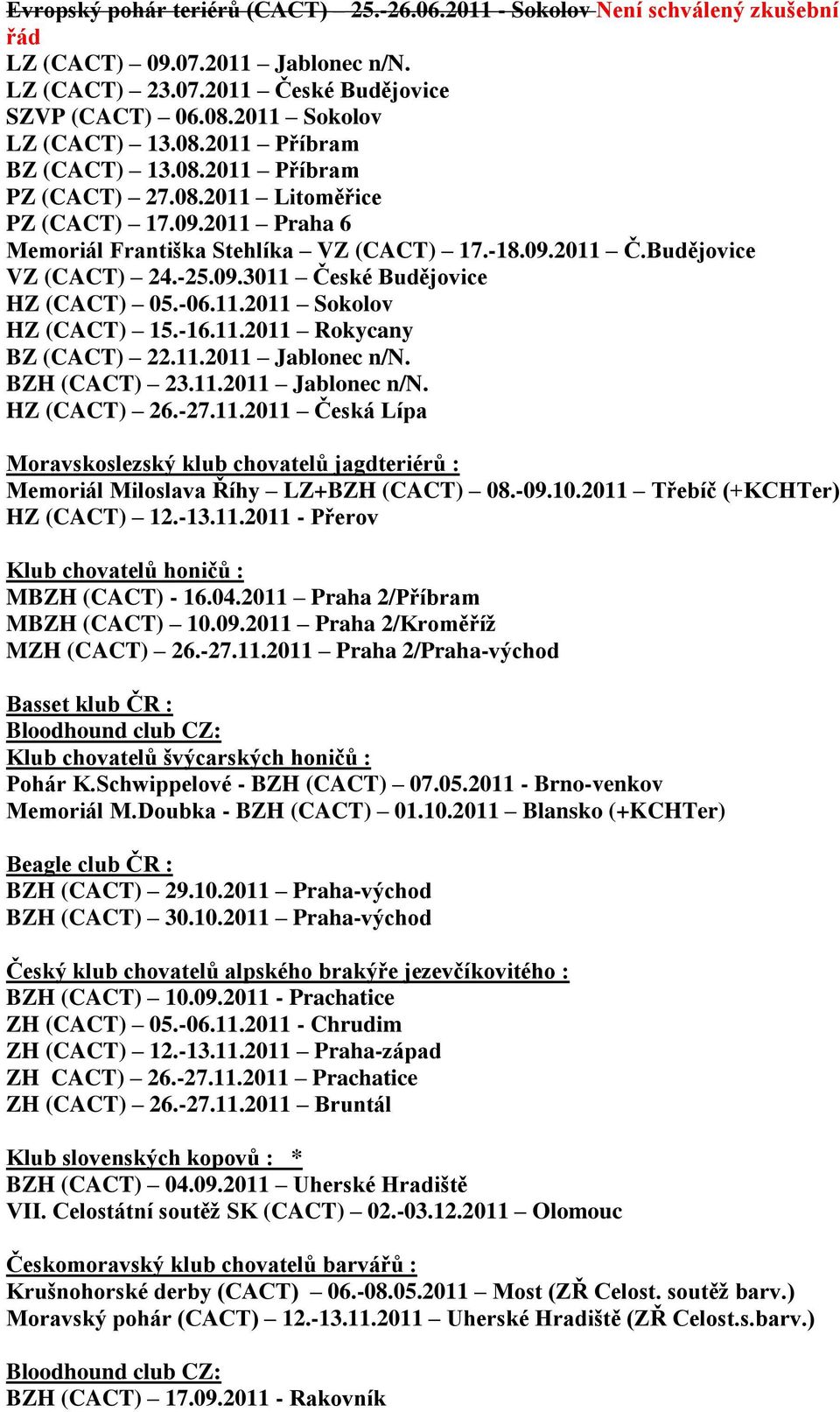 -06.11.2011 Sokolov HZ (CACT) 15.-16.11.2011 Rokycany BZ (CACT) 22.11.2011 Jablonec n/n. BZH (CACT) 23.11.2011 Jablonec n/n. HZ (CACT) 26.-27.11.2011 Česká Lípa Moravskoslezský klub chovatelů jagdteriérů : Memoriál Miloslava Říhy LZ+BZH (CACT) 08.