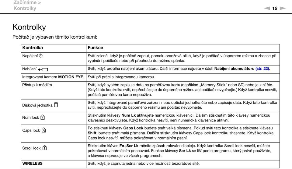 Integrovaná kamera MOTIO EYE Přístup k médiím Disková jednotka um lock Caps lock Scroll lock WIRELESS Svítí při práci s integrovanou kamerou.