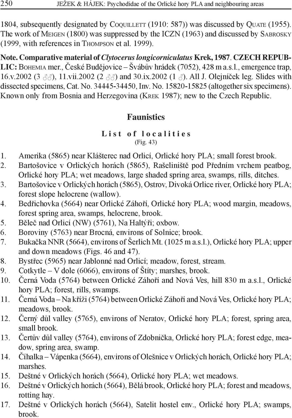 Comparative material of Clytocerus longicorniculatus Krek, 1987. CZECH REPUB- LIC: BOHEMIA mer., České Budějovice Švábův hrádek (7052), 428 m a.s.l., emergence trap, 16.v.2002 (3 ), 11.vii.