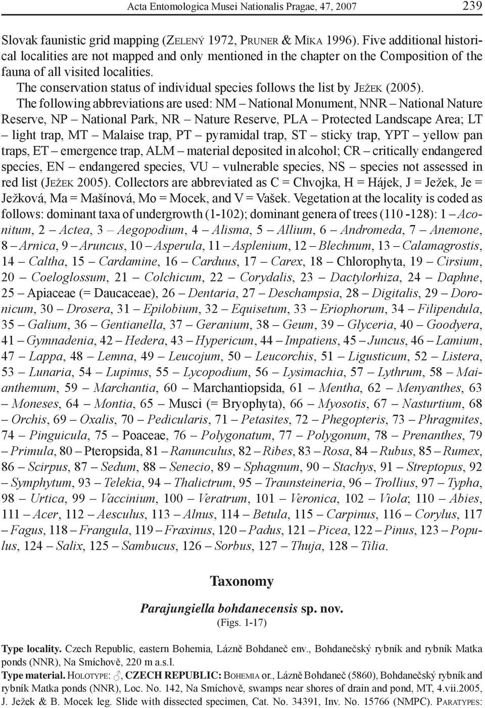 The conservation status of individual species follows the list by JEŽEK (2005).