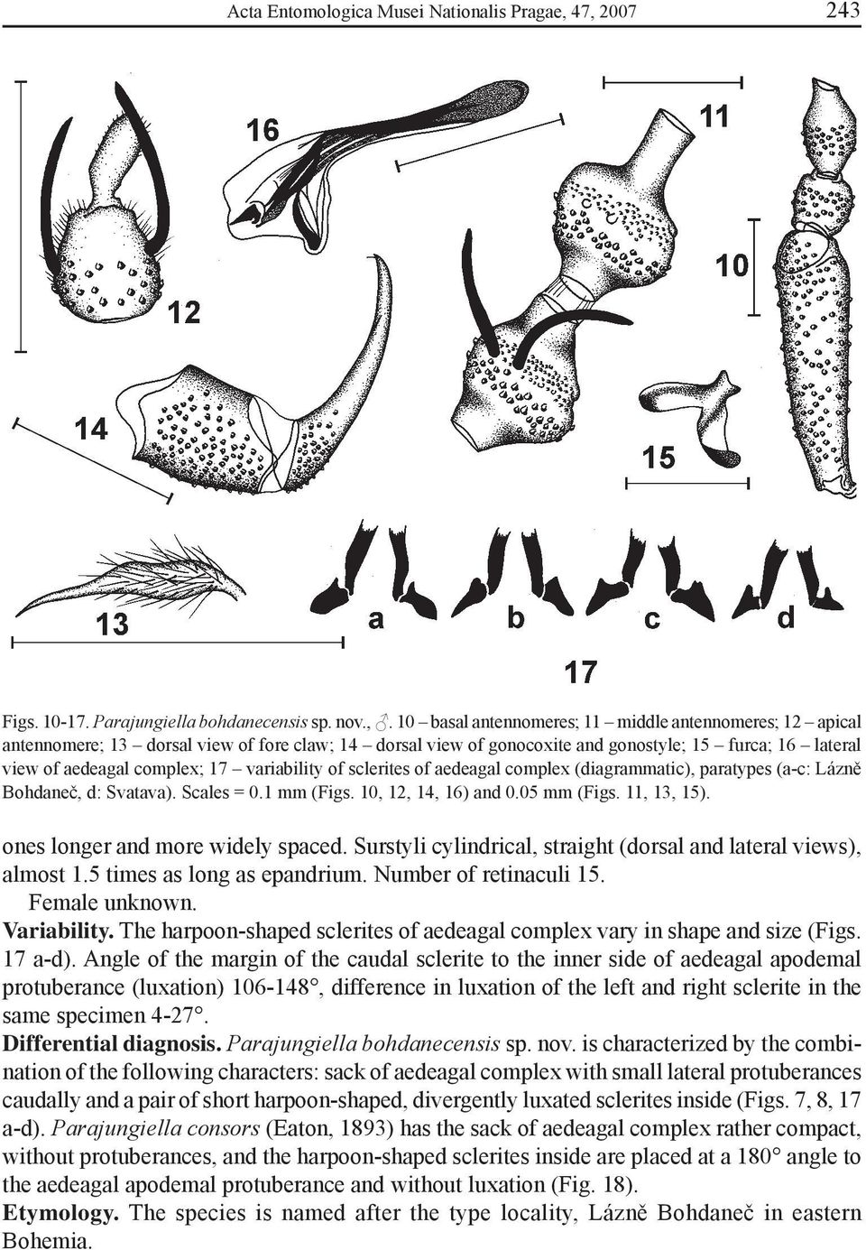 gonostyle; 15 furca; 16 lateral view of aedeagal complex; 17 variability of sclerites of aedeagal complex (diagrammatic), paratypes (a-c: Lázně Bohdaneč, d: Svatava). Scales = 0.1 mm (Figs.