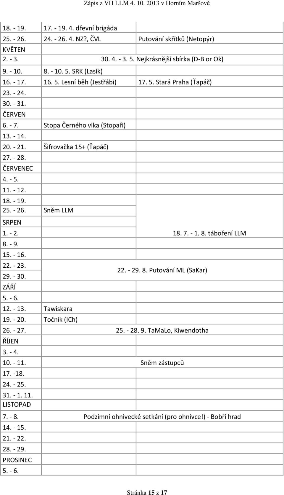 - 12. 18. - 19. 25. - 26. Sněm LLM SRPEN 1. - 2. 8. - 9. 15. - 16. 22. - 23. 29. - 30. ZÁŘÍ 5. - 6. 12. - 13. Tawiskara 19. - 20. Točník (ICh) 22. - 29. 8. Putování ML (SaKar) 26. - 27. 25. - 28. 9. TaMaLo, Kiwendotha ŘÍJEN 3.