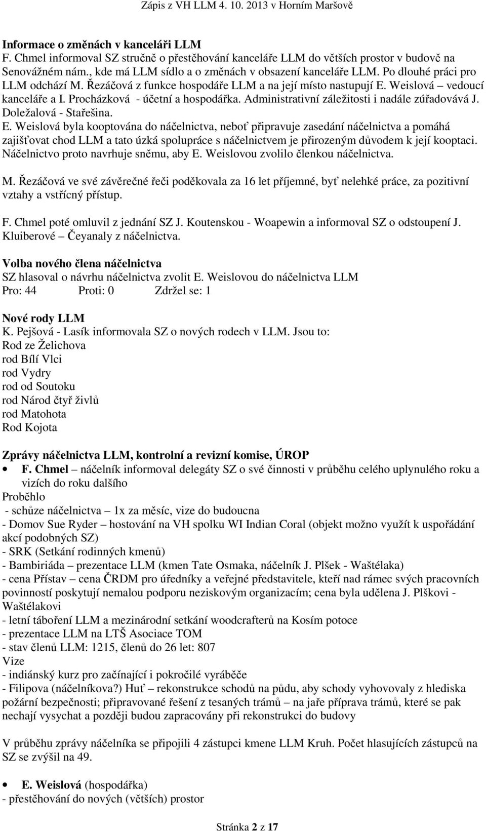 Administrativní záležitosti i nadále zúřadovává J. Doležalová - Stařešina. E.