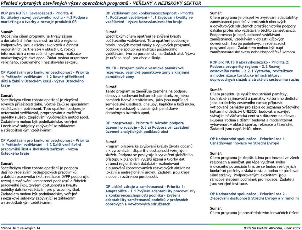 Podporovány jsou aktivity jako vznik a činnosti regionálních partnerství v oblasti CR, rozvoj informačních a rezervačních systémů, realizace marketingových akcí apod.