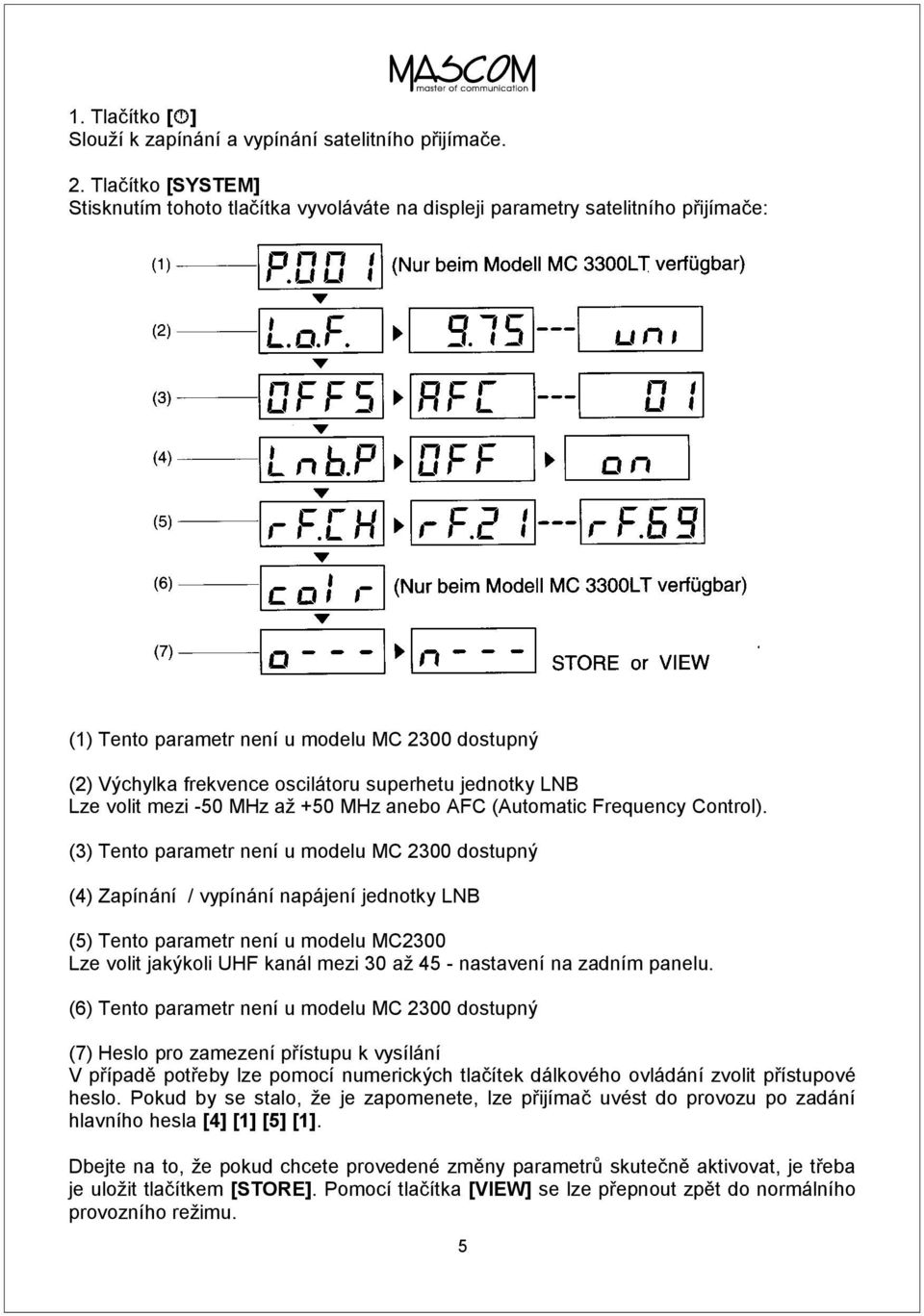 jednotky LNB Lze volit mezi -50 MHz až +50 MHz anebo AFC (Automatic Frequency Control).