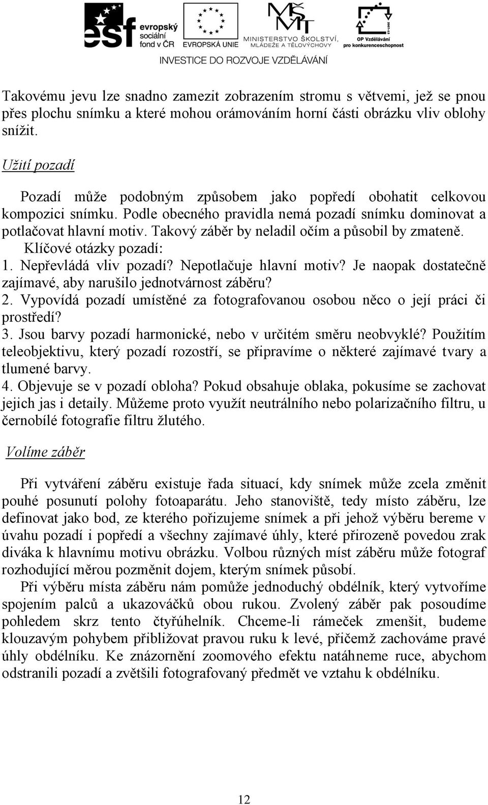 Takový záběr by neladil očím a působil by zmateně. Klíčové otázky pozadí: 1. Nepřevládá vliv pozadí? Nepotlačuje hlavní motiv? Je naopak dostatečně zajímavé, aby narušilo jednotvárnost záběru? 2.