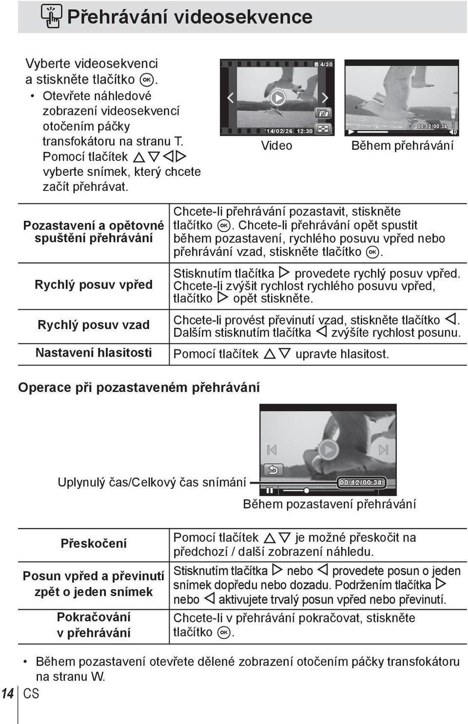 14/02/26 12:30 Video 4/30 00:12/00:34 Během přehrávání Pozastavení a opětovné spuštění přehrávání Rychlý posuv vpřed Rychlý posuv vzad Nastavení hlasitosti Operace při pozastaveném přehrávání