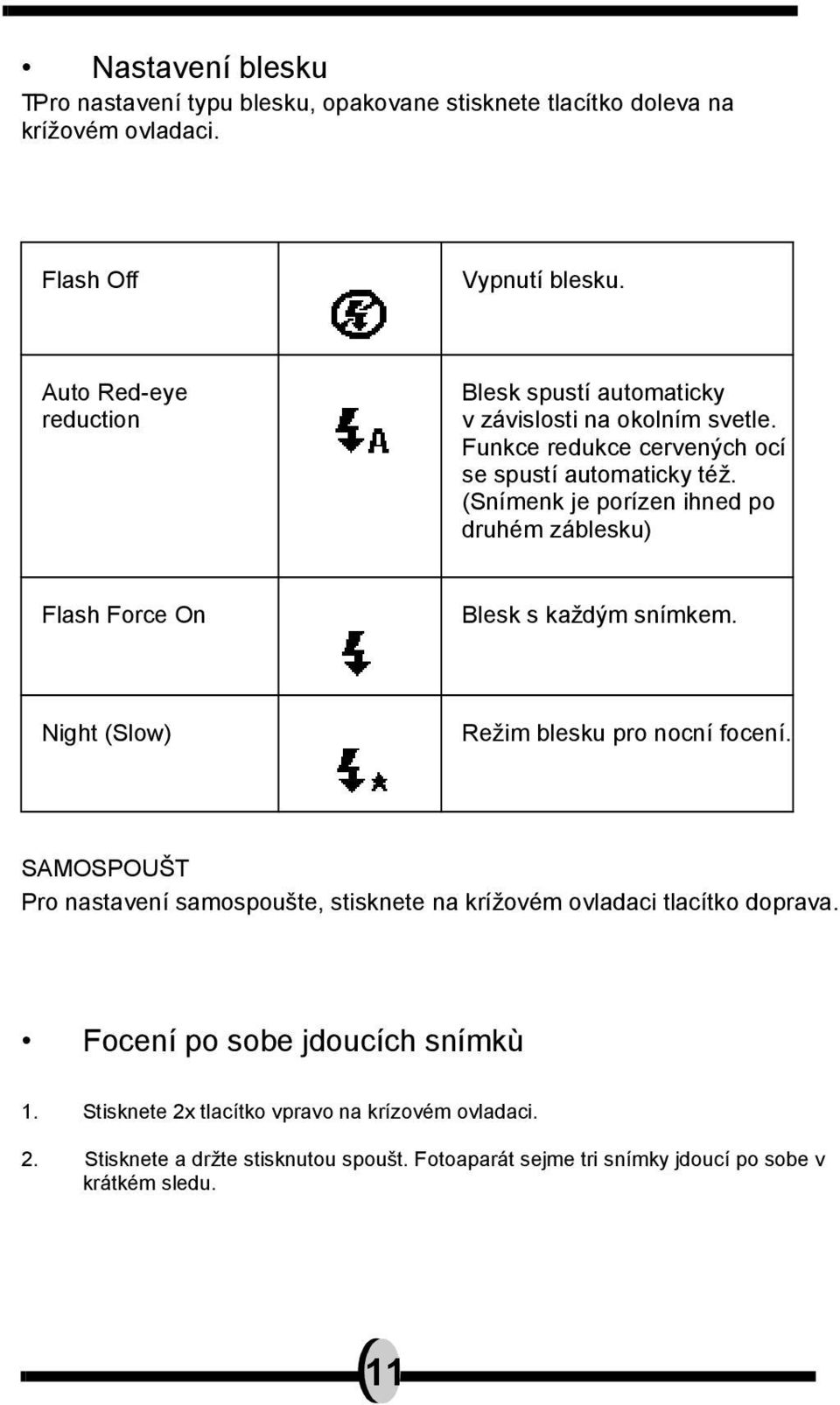 (Snímenk je porízen ihned po druhém záblesku) Flash Force On Blesk s každým snímkem. Night (Slow) Režim blesku pro nocní focení.