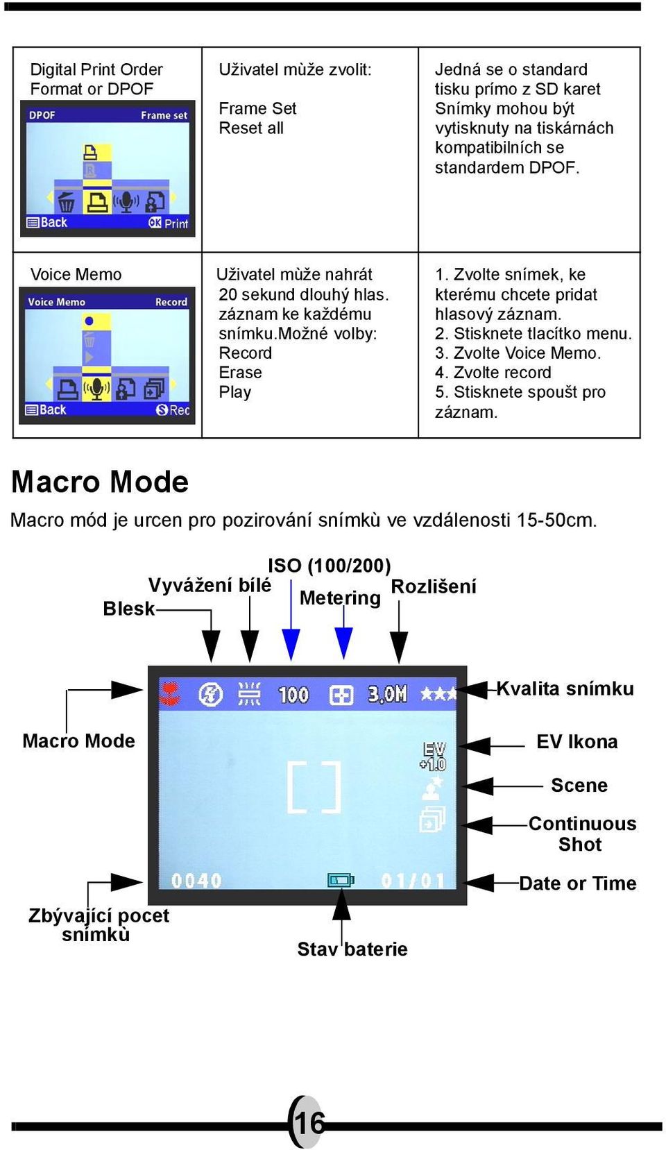 Zvolte snímek, ke kterému chcete pridat hlasový záznam. 2. Stisknete tlacítko menu. 3. Zvolte Voice Memo. 4. Zvolte record 5. Stisknete spoušt pro záznam.