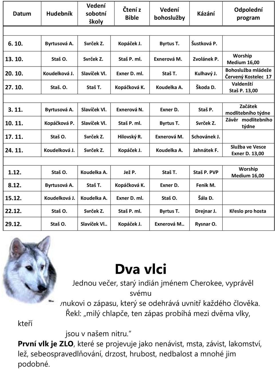 Exner D. Staš P. 10. 11. Kopáčková P. Slavíček Vl. Staš P. ml. Byrtus T. Svrček Z. 17. 11. Staš O. Svrček Z. Hilovský R. Exnerová M. Schovánek J. 24. 11. Koudelková J. Svrček Z. Kopáček J. Koudelka A.