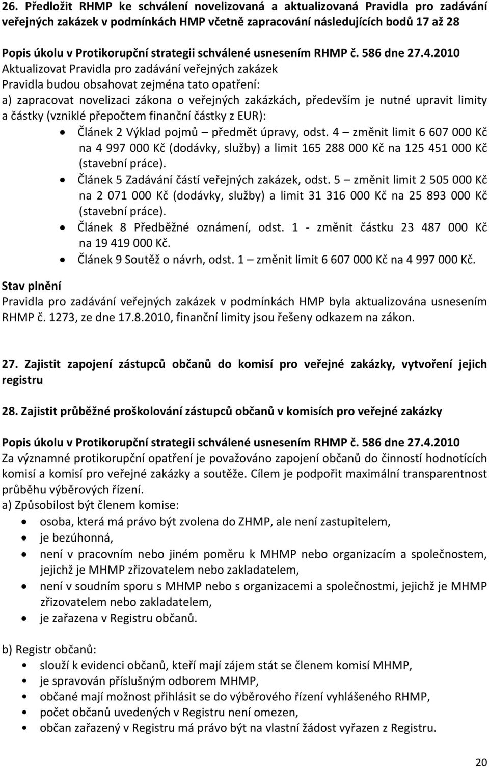 z EUR): Článek 2 Výklad pojmů předmět úpravy, odst. 4 změnit limit 6 607 000 Kč na 4 997 000 Kč (dodávky, služby) a limit 165 288 000 Kč na 125 451 000 Kč (stavební práce).