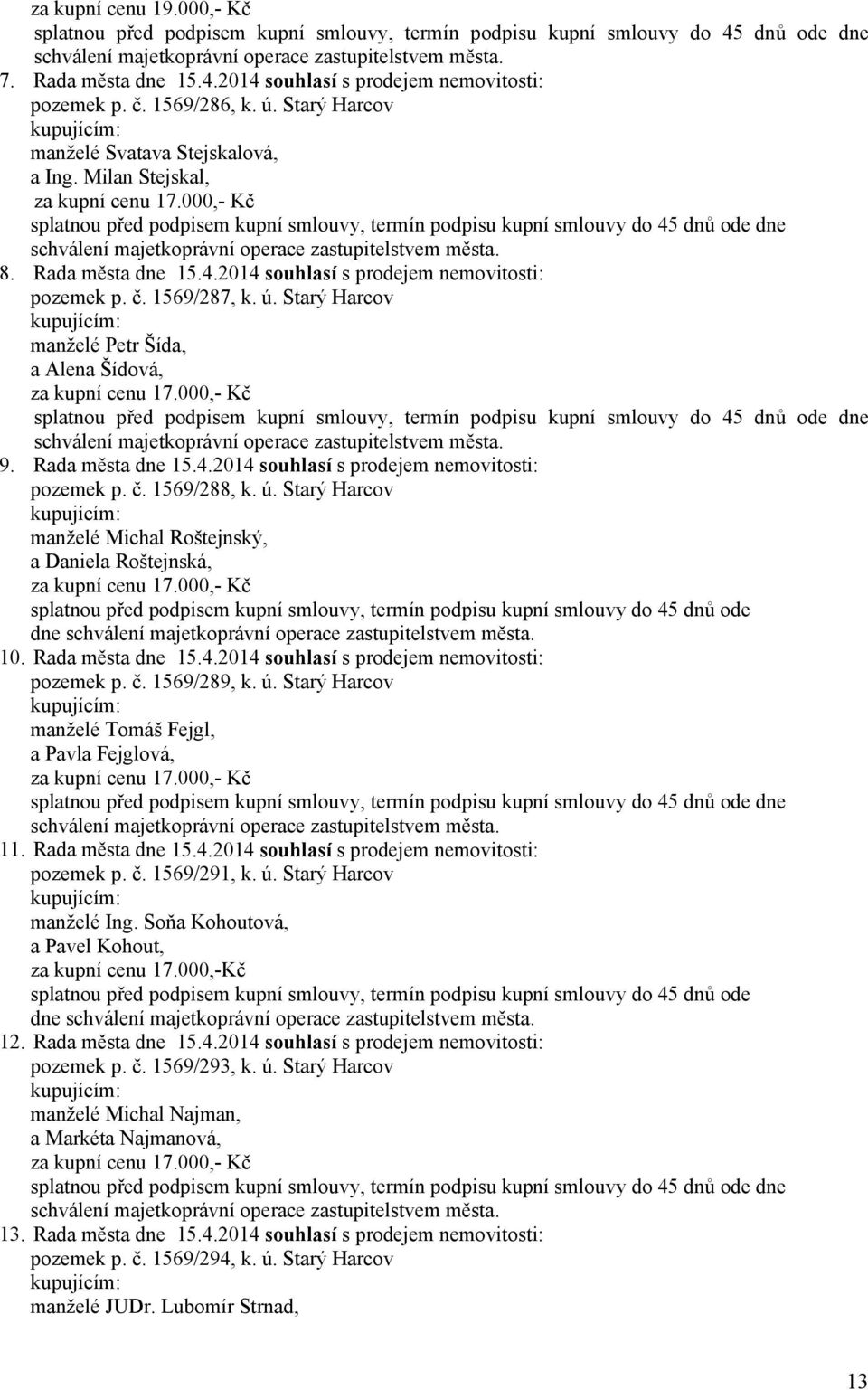 000,- Kč splatnou před podpisem kupní smlouvy, termín podpisu kupní smlouvy do 45 dnů ode dne schválení majetkoprávní operace zastupitelstvem města. 8. Rada města dne 15.4.2014 s prodejem nemovitosti: pozemek p.