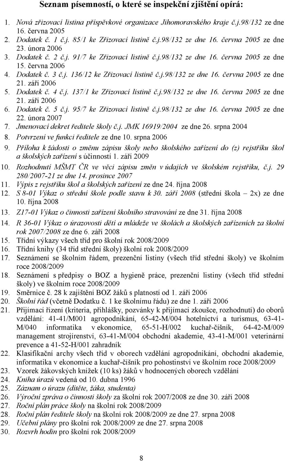 j.98/132 ze dne 16. června 2005 ze dne 21. září 2006 5. Dodatek č. 4 č.j. 137/1 ke Zřizovací listině č.j.98/132 ze dne 16. června 2005 ze dne 21. září 2006 6. Dodatek č. 5 č.j. 95/7 ke Zřizovací listině č.