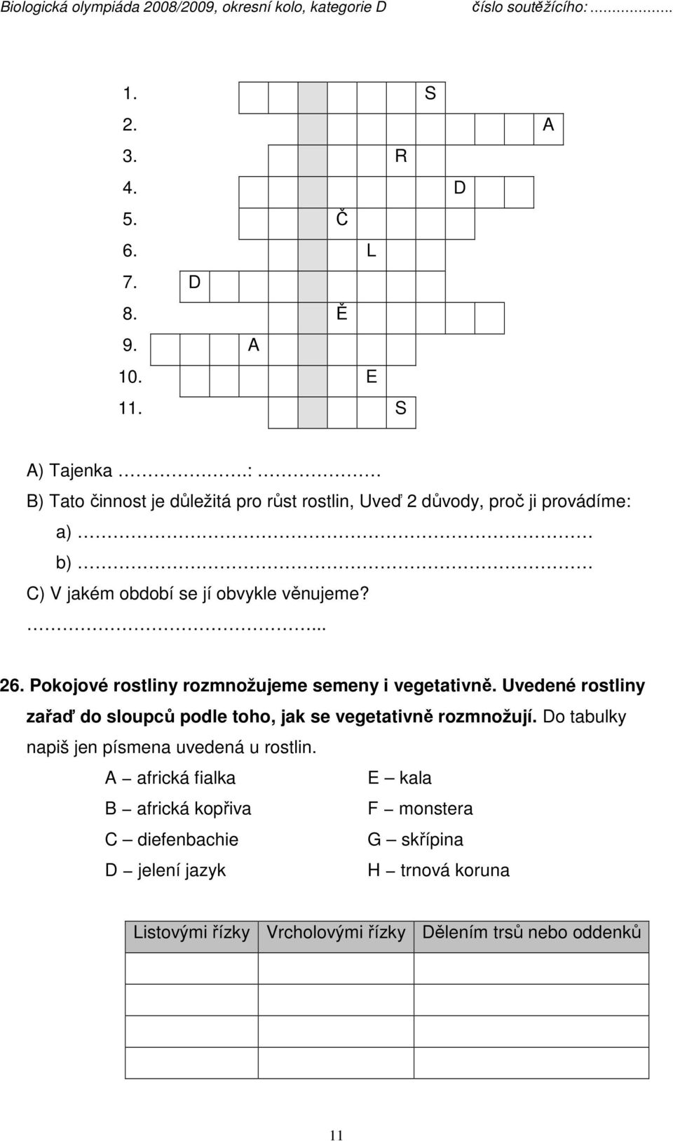 Pokojové rostliny rozmnožujeme semeny i vegetativně. Uvedené rostliny zařaď do sloupců podle toho, jak se vegetativně rozmnožují.