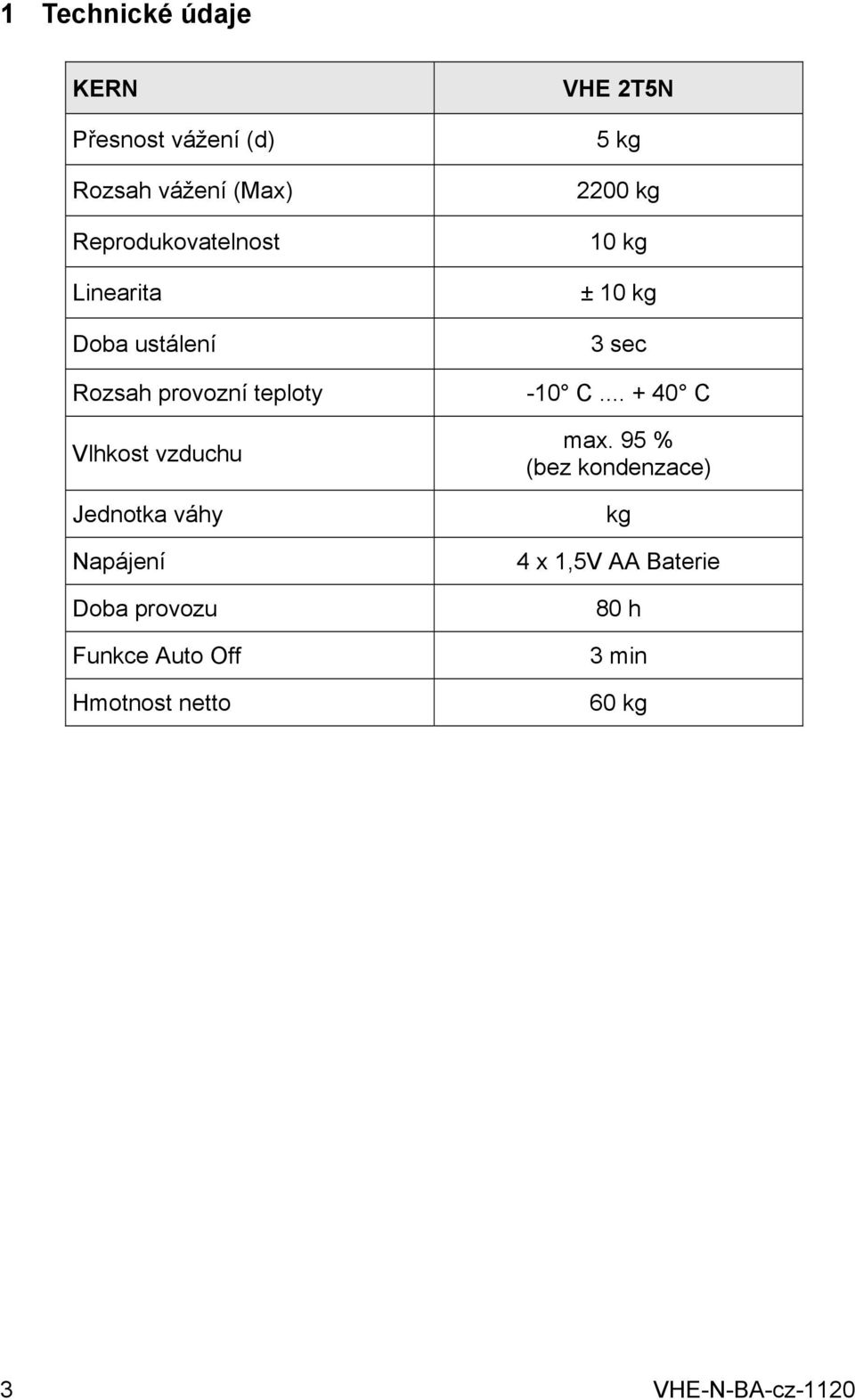 Napájení Doba provozu Funkce Auto Off Hmotnost netto VHE 2T5N 5 2200 10 ± 10 3 sec