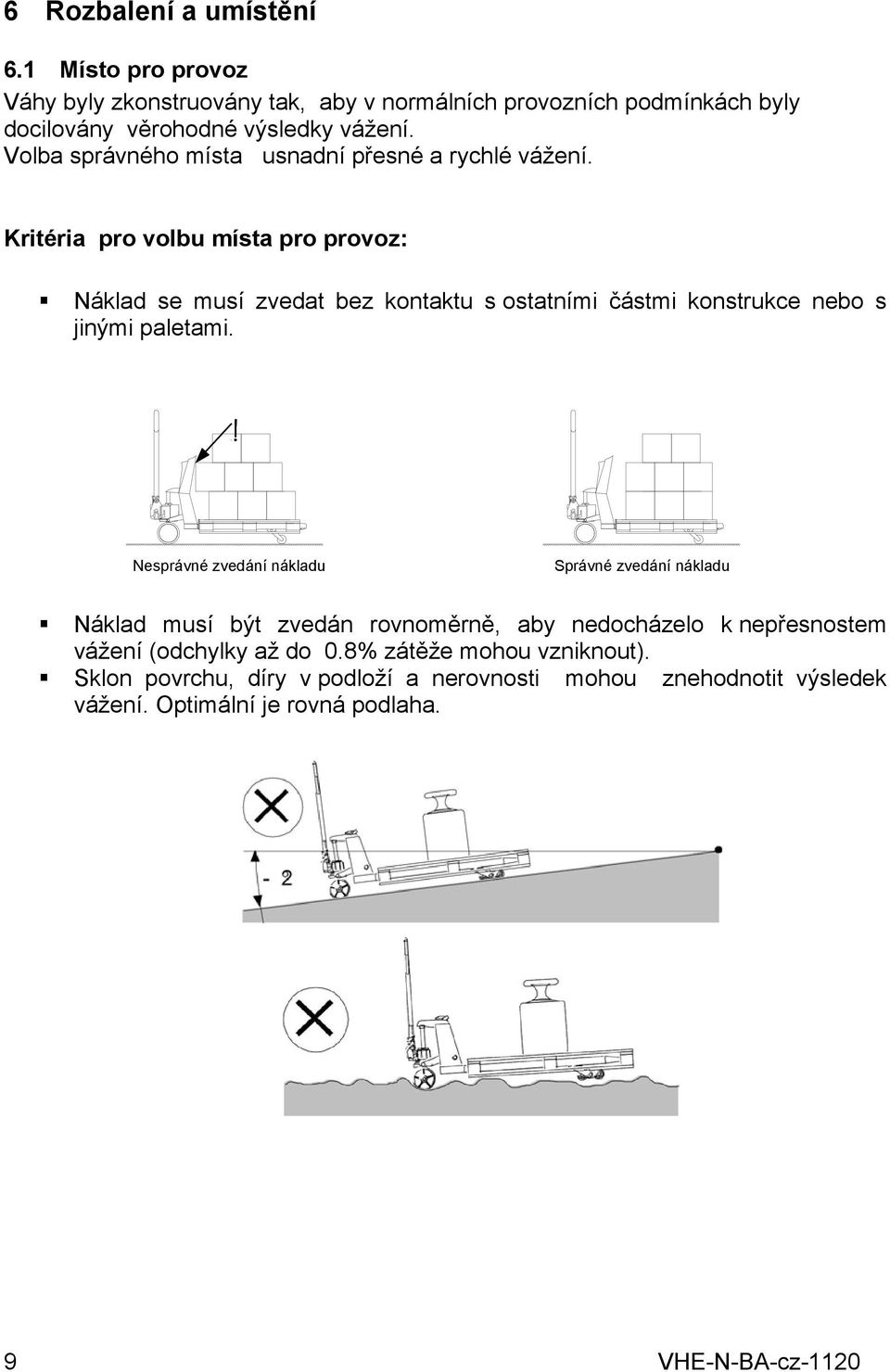 Kritéria pro volbu místa pro provoz: Náklad se musí zvedat bez kontaktu s ostatními částmi konstrukce nebo s jinými paletami.
